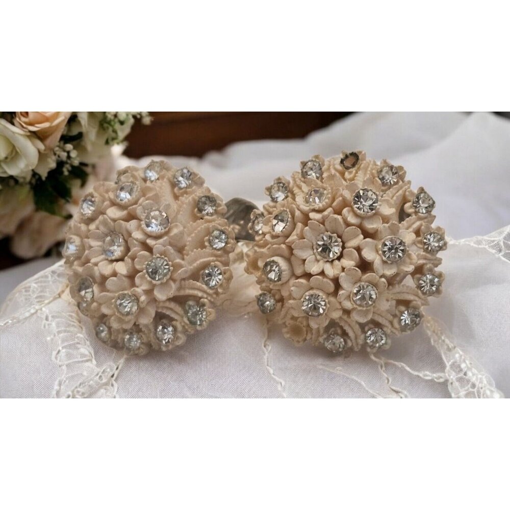 1950's Vintage Celluloid Rhinestone Daisy Floral Bouquet Bridal Clip Earrings 1"